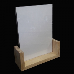 Brochure holder / menu holder holding a single leaflet. Wood base with perspex brochure holder.